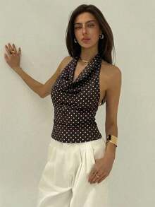 retro sexy con estampado de lunares en todo el diseño, cuello halter profundo drapeado, espalda descubierta y lazo trasero, adecuada para citas - Marrón 2 - Ver 6