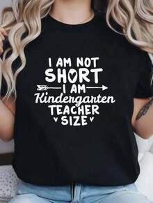 Kindergarten Teacher T-Shirt 100% Cotton, Printed Round Neck T-Shirt For Summer, Soft Short Sleeve Top For Women, Stylish And Comfortable T-Shirt For Women, Printed T-Shirts. - 黑色 - 查看 6
