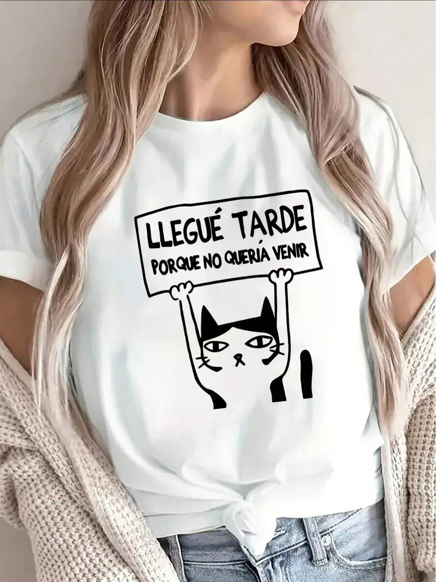 Lightweight T-Shirt With A Cat Design And A Humorous Spanish Phrase 'I Was Late Because I Didn't Want To Come', Ideal For Casual Outings At Home Or For Lunch, Offering A Comfortable Fit For Everyday Wear - [白色的] - 查看 1