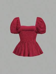Blusa de mujer de manga corta con volantes, bordado floral romántico estilo francés, para primavera/verano - Burdeos - Ver 2