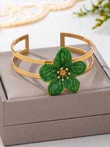 1pc Fashionable Elegant Artificial Drip Oil White & Orange With Pink + Green Five-Petal Flower Open Bangle Bracelet, Suitable For Daily And Holiday Wear, An Excellent Gift Choice (Gift Box Not Included) - Green - View 3