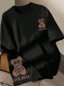Women's Casual T-Shirt With Cartoon Bear Print, Round Neck And Short Sleeve - 黑色 4 - 查看 1