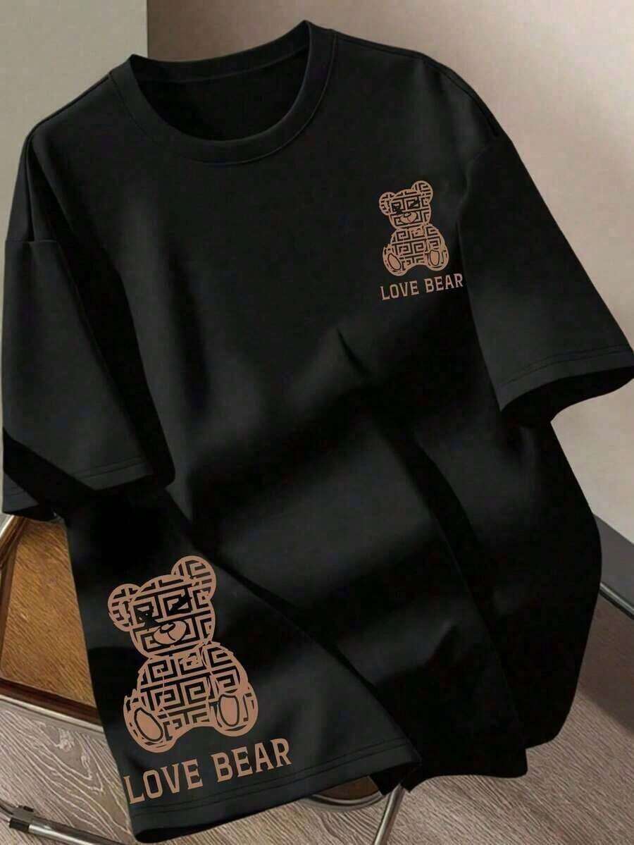 Women's Casual T-Shirt With Cartoon Bear Print, Round Neck And Short Sleeve - 黑色 4 - 查看 1