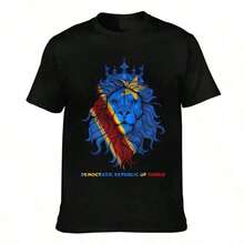 Casual T-Shirt With A Lion King-Themed Democratic Republic Of  Flag Print. A Stylish, Short-Sleeved Shirt That Proudly Displays National Pride. A Great Gift Idea. Women's T-Shirt. Elegant. Bohemian Style. Soft, Breathable, And Comfortable, Perfect For Spring, Summer, And Fall; Ideal For Vacations, Travel, And Everyday Wear. Perfect For Watching A Game. - 黑色 - 查看 1