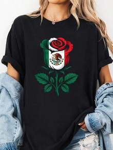 Camia holgada informal con estampado de bandera mexicana y rosas para mujer, estilo urbano, para uso diario, 220 g Ideal para regalar. Camiseta de mujer. Elegante. Estilo bohemio. Prenda suave, transpirable y cómoda, perfecta para primavera, verano y otoño; ideal para vacaciones, viajes y uso diario. Perfecta para ver un partido. - Negro - Ver 6