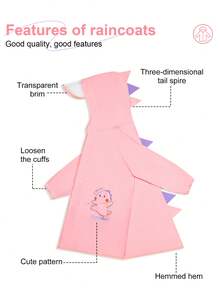 1pc Dinosaur Shaped Raincoat For Kids, Made Of Odorless EVA Material With Backpack Pocket, Transparent Large Brim For Preschool & Elementary School Students, Cute Design Essential Raingear - Pink - View 2