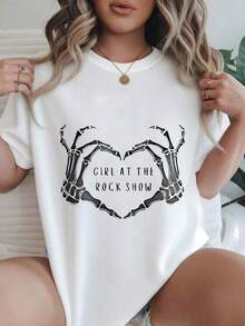 Women's Printed T-Shirt - Skeleton Hands Forming A Heart Design, Girl At A Rock Concert, Casual Crew Neck Short Sleeve T-Shirt For Urban Wear, Comfortable Fit For All Seasons_x000D_
White - High Quality - 白色 - 查看 8