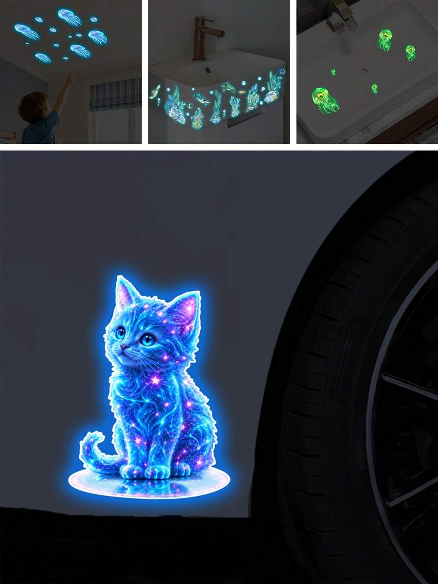 1张夜光猫咪墙贴，优质可移除PVC自粘贴纸，可爱发光卡通猫咪设计，非常适合贴在灯开关、天花板、小女孩卧室、幼儿园教室和现代家居室内装饰中。 - 彩色 - 查看 1