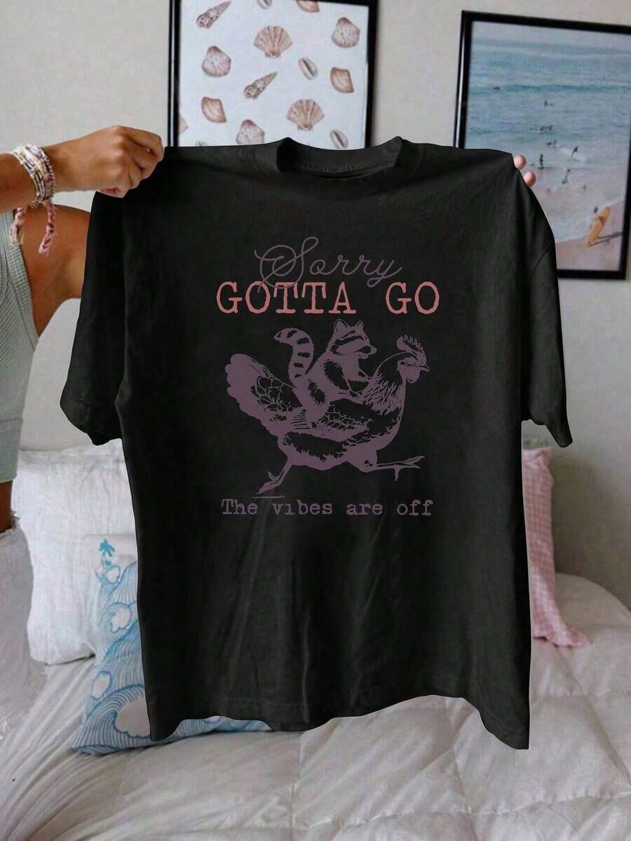 1 Piece Of T-Shirt With Raccoon And Chicken Graphic Print, Short Sleeve, Round Neck, Casual Top For Summer And Spring, Women's Clothing, 180g, 100% Cotton. - 黑色 - 查看 1
