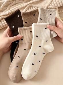 5 Pairs Muted Color Heart Print Ribbed Breathable Soft Mid-Calf Socks, Versatile For Casual, Home, Commute, Student Style, Skin-Friendly, Suitable For All Seasons - Multicolor - View 3