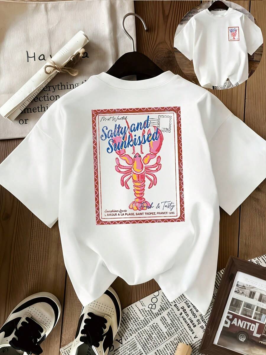 Women's T-Shirt With Intricate Design And Double-Sided Print, Featuring A Lobster Print - A Vibrant Marine Life Pattern Made For Beach Lovers, Perfect For Summer Outfits And Casual Wear. - 白色 - 查看 1