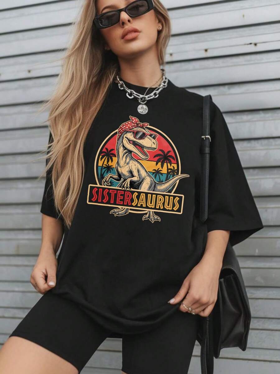 1 Piece, Unisex Short Sleeve Crew Neck T-Shirt, 180g, Retro Dinosaur Family Print With Sunset Palm Trees, Y2K Bababask Inspired Style, 100% Pure Cotton, Casual And Versatile For Urban Wear, Daily Outings, Summer, Camping, Concerts, Hip-Hop/Rock/Rap Events And Beachwear. Ideal For Festivals, Autumn, Year-Round Wear And Plus Sizes. - 黑色3 - 查看 1