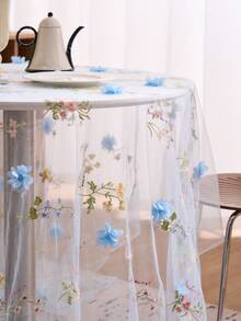 1 chiếc khăn trải bàn ren jacquard thêu hoa màu xanh dương, chất liệu hơi trong suốt, phong cách đồng quê Mỹ cổ điển, thích hợp cho các dịp lễ, họp mặt, đám cưới, sinh nhật, trang trí nhà cửa, mọi mùa. - Màu xanh lam - Xem 1