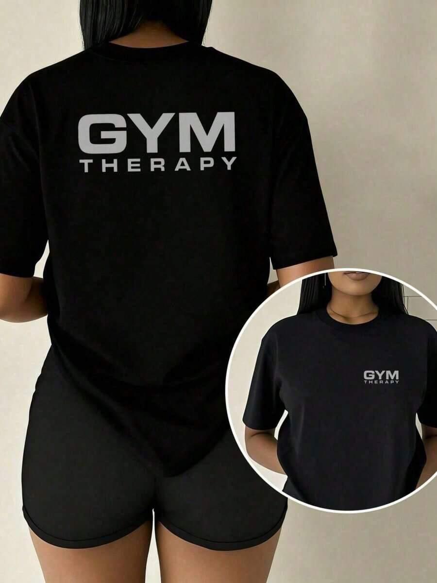 Women's Plus Size Casual T-Shirt, GYM THERAPY, With Double-Sided Physical Therapy Print, Stylish And Elegant For Summer, Comfortable Short-Sleeve Crew Neck T-Shirt, Versatile, 100% Cotton, Durable - 黑色 - 查看 1