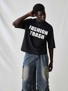 SWAVVY Men's Knit T-Shirt, Casual Style, Loose Fit, Short Sleeve, With English Letter Print, For Summer. - 黑色 4 - 查看 6