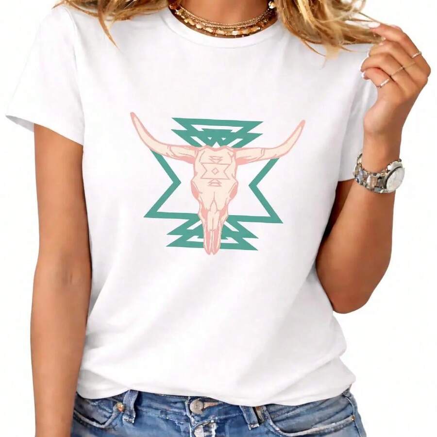 T-Shirt With A Graphic Design Of A Western-Style Bison Skull And Pattern - 白色 - 查看 1