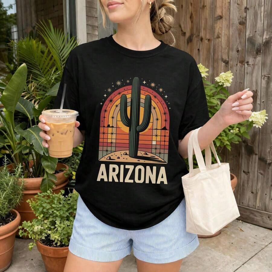 ropa de mujer Camiseta con estampado de cactus de Arizona para mujer – Camiseta casual de manga corta con cuello redondo, estampada, ligera y cómoda para uso diario, camiseta básica de verano para mujer, camisas de mujer - Negro - Ver 1