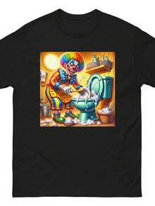 Camiseta clásica unisex divertida con payaso loco lavando los platos en el baño. Camiseta unisex de algodón puro de 220 g. Peso ideal para todas las estaciones, apta tanto para hombres como para mujeres. Tejido duradero de alta calidad, suave al tacto y de larga duración. Prenda transpirable, ideal para el otoño y las vacaciones. - Negro - Ver 1