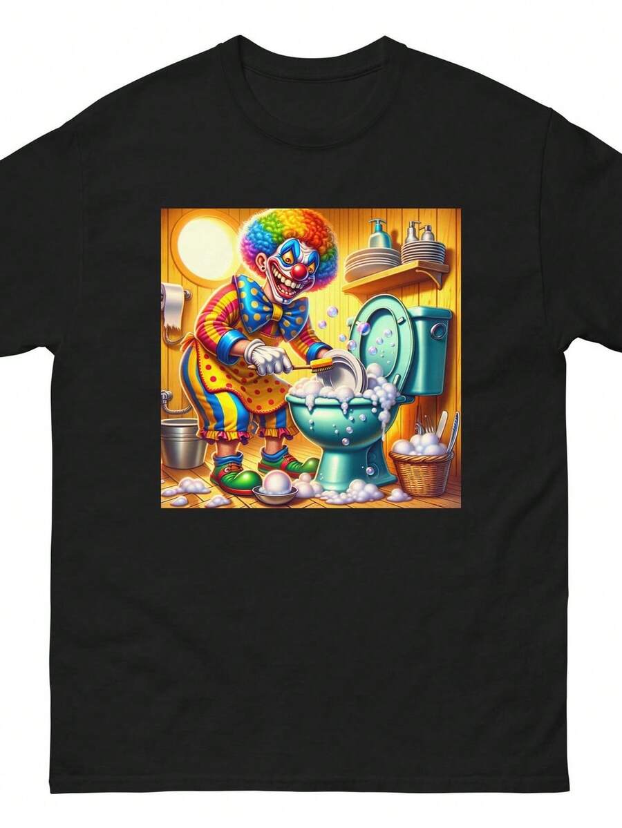 Camiseta clásica unisex divertida con payaso loco lavando los platos en el baño. Camiseta unisex de algodón puro de 220 g. Peso ideal para todas las estaciones, apta tanto para hombres como para mujeres. Tejido duradero de alta calidad, suave al tacto y de larga duración. Prenda transpirable, ideal para el otoño y las vacaciones. - Negro - Ver 1
