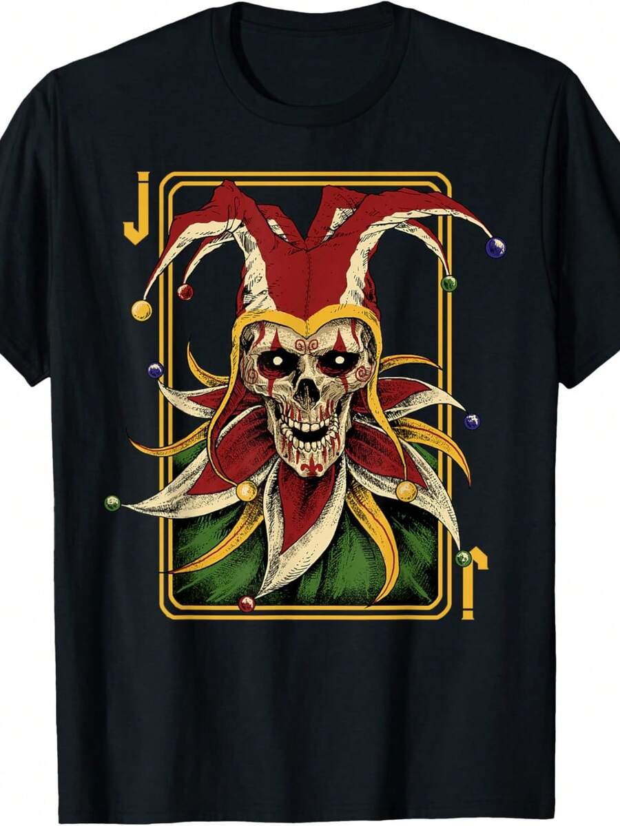 Camiseta de disfraz de Halloween con estampado de payaso malvado y cartas de póker. Camiseta unisex de algodón puro de 220 g. Peso ideal para todas las estaciones, apta tanto para hombres como para mujeres. Tejido duradero de alta calidad, suave al tacto y de larga duración. Prenda transpirable, ideal para usar en otoño y en vacaciones. - Negro - Ver 1