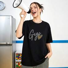 Ropa de Verano para Mujer, Camiseta de Algodón Suave Casual con Cuello Redondo, Estampado de Leopardo y Letras Love Gigi. Blanco. - Negro - Ver 2