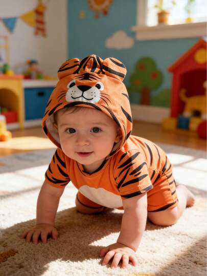 Set de 2 piezas de pelele de manga corta con estampado de tigre + gorro para bebés niños/niñas, con expresión de tigre linda, tela con estampado de tigre, pelele de manga corta y pantalones cortos, incluye gorro con patrón 3D de tigre, adecuado para primavera/verano