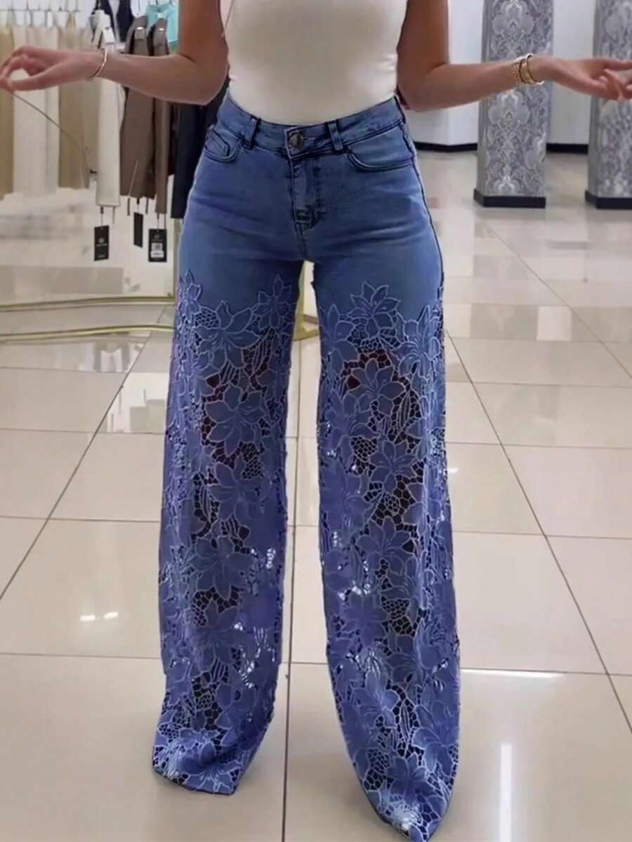 Pantalón de mezclilla nuevo de primavera-verano para mujer, tiro alto, corte ancho, de moda, elegante, versátil, con encaje calado, caída fluida, diseño favorecedor, perfecto para looks de día, oficina y ocasiones informales - Azul oscuro - Ver 1