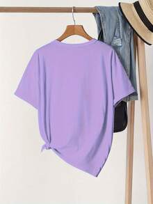 Talla Grande, Camiseta Casual de Manga Corta con Cuello Redondo y Estampado de Frutas Naranjas con Hojas para Mujer de Talla Grande - Morado - Ver 2