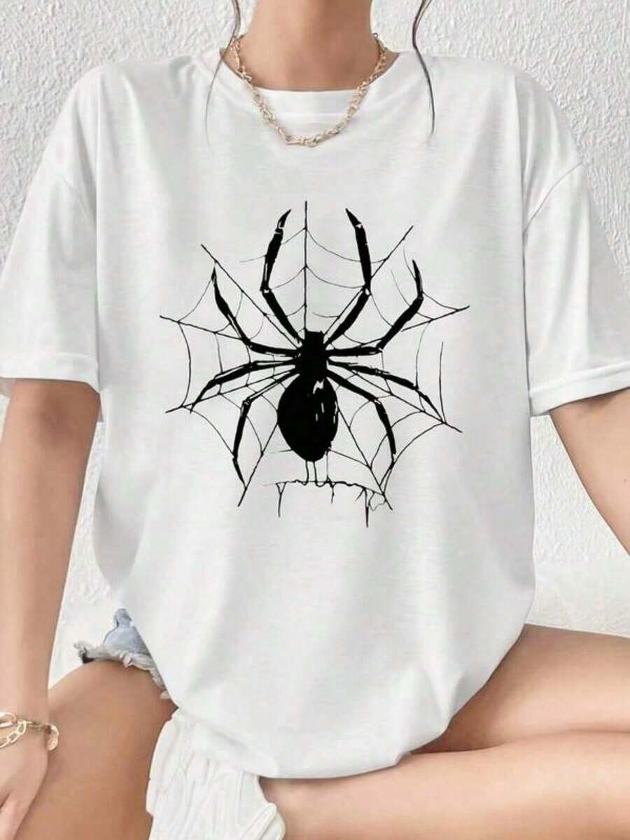 Camisetas Casuales para Mujer, Camisetas con Estampado de Telaraña, Camisetas de Manga Corta a la Moda, Camisetas Estampadas, Camisetas Casuales de Cuello Redondo a la Moda, Camisetas para Mujer, Estilo Y2K, Camisetas de Moda de Verano, Conjuntos y Tops Casuales de Streetwear - Blanco - Ver 1