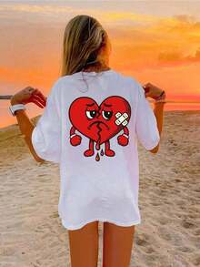 Camiseta con Estampado "Mi Corazón Está Roto"|   Estampado de dibujos animados rojo, camiseta casual de manga corta y cuello redondo, adecuada para uso diario y para el Día de San Valentín, longitud regular, tela ligeramente elástica.Alta calidad, transpirable y cómodo - Blanco - Ver 1