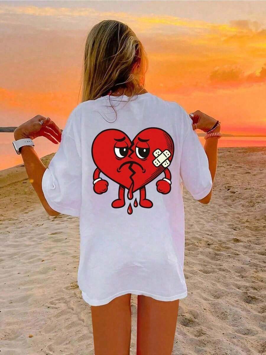 Camiseta con Estampado "Mi Corazón Está Roto"|   Estampado de dibujos animados rojo, camiseta casual de manga corta y cuello redondo, adecuada para uso diario y para el Día de San Valentín, longitud regular, tela ligeramente elástica.Alta calidad, transpirable y cómodo - Blanco - Ver 1