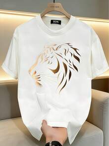 Camiseta de manga corta para hombre, de verano, delgada, moderna y elegante, de corte ajustado, adecuada para uso casual diario, versátil, modelo nuevo 2026, con un patrón de cabeza de tigre en relieve dorado que resalta una personalidad imponente. - Blanco - Ver 1