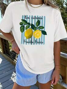 Casual T-ShirtWomen's Elegant Short-Sleeve Lemon Fruits Frais French Fresh Print Round Neck T-Shirt, Suitable For Spring, Summer, And Autumn.Fashionable For Commuting, Vacation, Daily Wear, Versatile Casual Elegant Vintage-Style Top, Available In Sizes S-XXL100% CottonDurable - 白色 - 查看 1