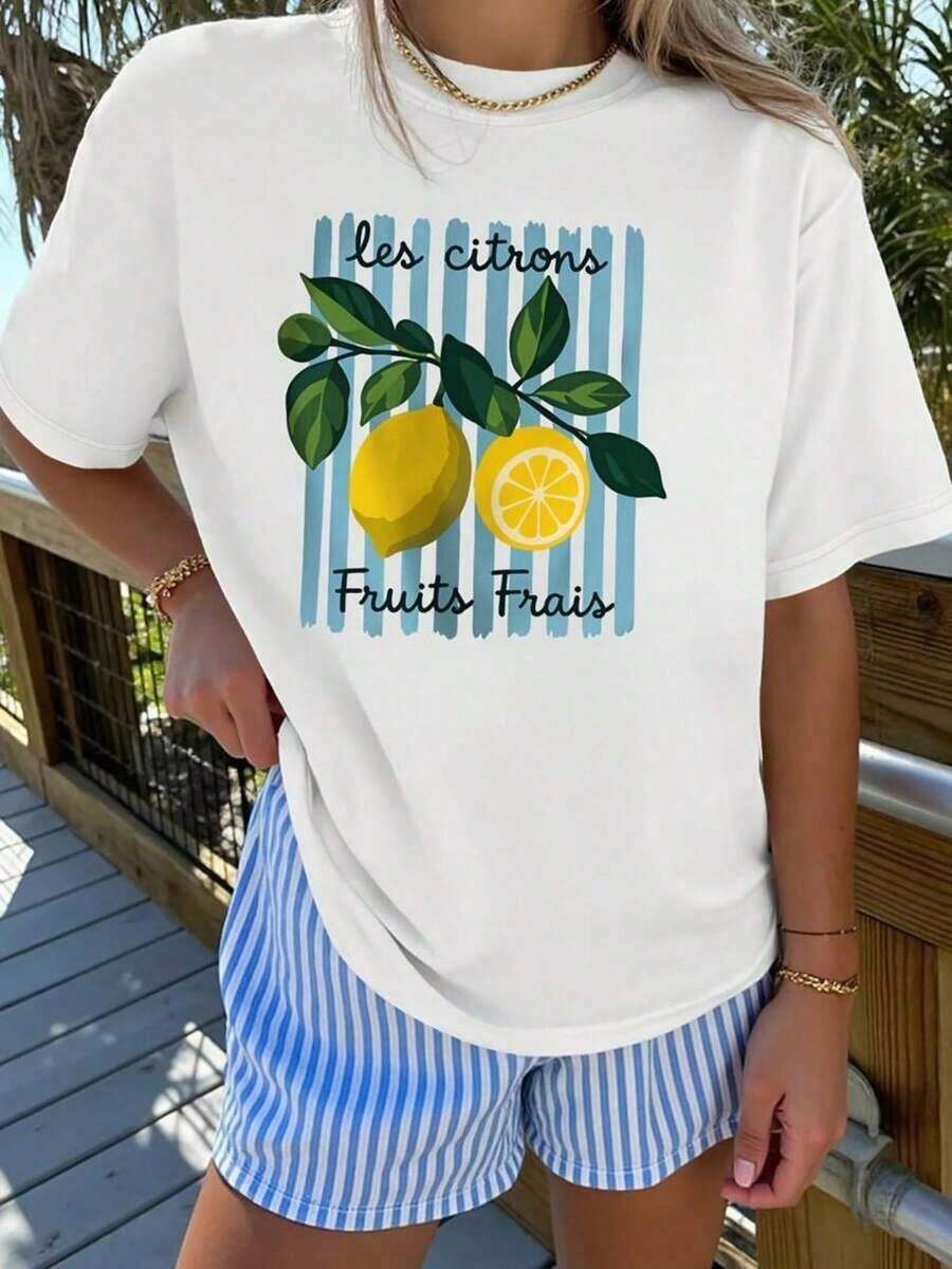 Casual T-ShirtWomen's Elegant Short-Sleeve Lemon Fruits Frais French Fresh Print Round Neck T-Shirt, Suitable For Spring, Summer, And Autumn.Fashionable For Commuting, Vacation, Daily Wear, Versatile Casual Elegant Vintage-Style Top, Available In Sizes S-XXL100% CottonDurable - 白色 - 查看 1