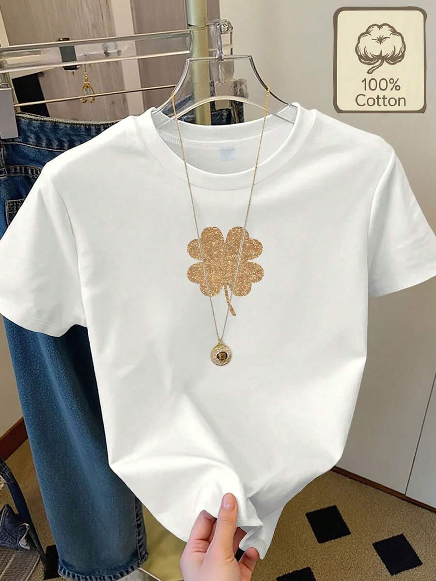 Camiseta de manga corta de algodón puro con cuello redondo y estampado de trébol dorado, de corte holgado para mujer, ideal para uso casual en casa, simplifica las opciones de vestimenta diaria. - Blanco - Ver 1