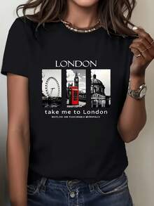 Women's Summer Short-Sleeved T-Shirt, European And American Style, With London Letter Print And Iconic City Buildings, A Modern And Stylish Feminine Combination - 黑色 - 查看 1
