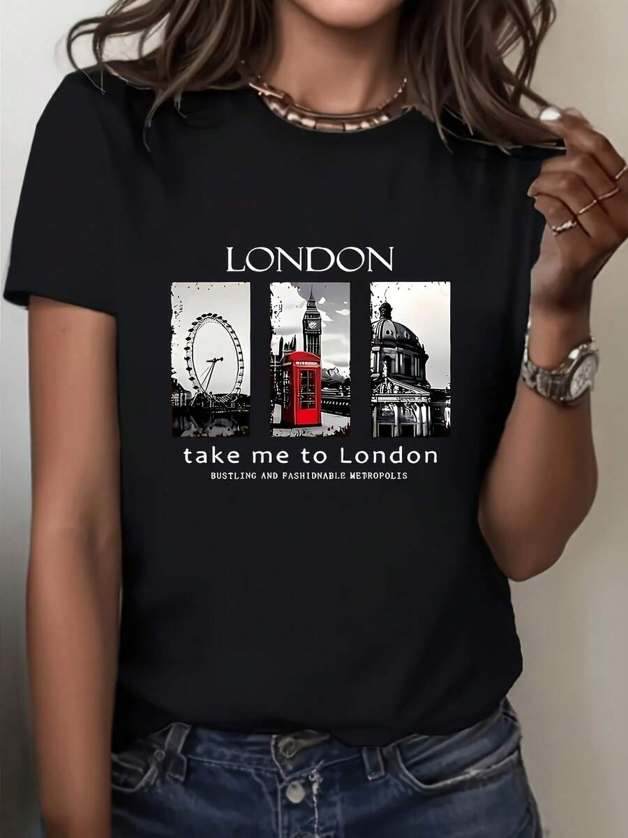 Women's Summer Short-Sleeved T-Shirt, European And American Style, With London Letter Print And Iconic City Buildings, A Modern And Stylish Feminine Combination - 黑色 - 查看 1