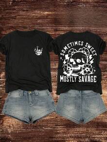 Camiseta de manga corta para mujer, corte ajustado, con estampado de calaveras y flores en ambos lados - Top casual transpirable para uso diario con un gráfico atrevido "HOLIY SWEET MOSTLY", en contraste rosa y negro para primavera/verano, 100% algodón. - Negro - Ver 6