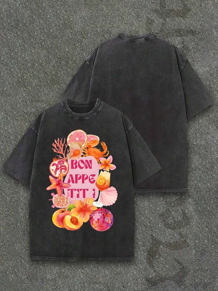 Camiseta casual vintage cómoda y lavada para mujer, camiseta de manga corta con cuello redondo,% algodón lavado y versátil para hombre, adecuada para uso diario y atuendos de, estilo unisex. - Negro - Ver 1