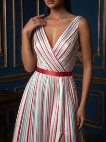 Women's Sleeveless V-Neck Striped Maxi Dress, Flared Hem, High Slit Design, Suitable For Formal Evening Wear Pink Wedding - Pink - View 3