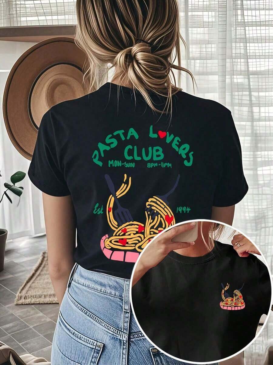 Cómodo Camiseta Gráfica para Mujer "Pasta Lovers Club" - Estampado Vibrante de Comida en la Parte Delantera y Trasera, Textura Brillante, Tela Suave y Cómoda, Top Casual de Cuello Redondo para Primavera/Verano, Atuendo de Verano, Material Semitransparente, Moda de Primavera, Diseño Divertido, Camiseta Transpirable, Manga Corta, Prenda de Moda, playeras de mujer algodon - Negro - Ver 1
