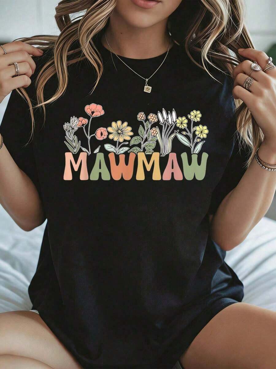 Elegante y casual para mujer, manga corta, camiseta floral Mawmaw, Día de la Madre, flores de jardín y texto, ropa casual blanca para primavera y verano. - Negro - Ver 1