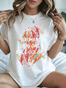 Elegante y casual, camiseta de manga corta para mujer, cuello redondo, estampado gráfico de crayones rotos en colores sólidos, ropa casual blanca para el día a día, moda de primavera y verano. - Blanco - Ver 8