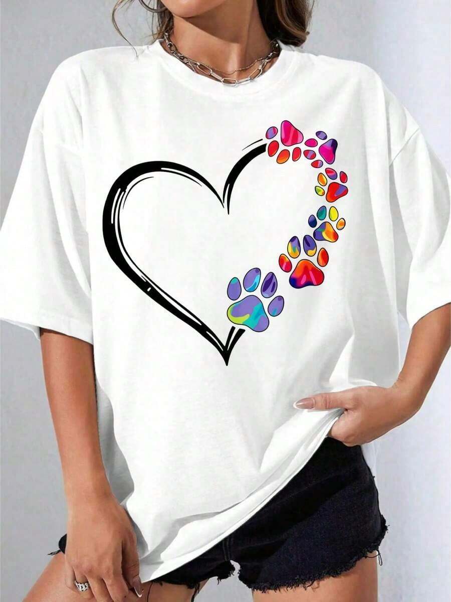Black And White T-Shirt For Girls, Round Neck, White Heart Paw Print Design For Pet Lovers, Casual Outdoor Party Wear, 180g Casual Printed T-Shirt - 白色 - 查看 1