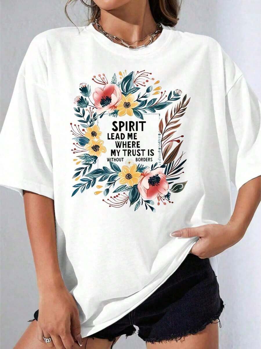 Women's Black And White T-Shirt, Loose Fit, White Floral Design With Text 'The Spirit Guides Me Where My Confidence Is Without Borders', For Casual Use, Outdoor Parties, 180g Casual Printed T-Shirt - 白色 - 查看 1