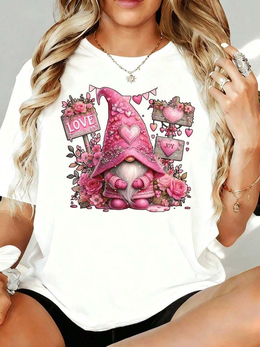 Camiseta de San Valentín con diseño floral romántico y adorable para mujer, color rosa, con diseño de gnomo de jardín, ideal para el hogar, actividades al aire libre, fiestas de San Valentín, peso 180g. - Blanco - Ver 1