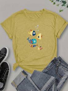 Camiseta de manga corta para mujer, estilo europeo y americano, con estampado de peces, a la moda, versátil, casual, deportiva, de cuello redondo. - Rojo - Ver 9