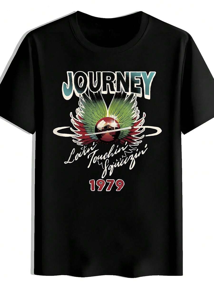 Camiseta de hombre, camiseta vintage con temática de viajes, de colores vivos, con diseño alado, inspirada en la canción "A Touch of Love" de 1979, perfecta para un estilo casual urbano, camiseta de mujer, local. - Negro - Ver 1
