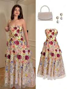 Último diseño: vestido elegante y romántico con bordado floral morado en tul, que ciñe la cintura sin mangas, adecuado para primavera y verano - Marrón - Ver 8