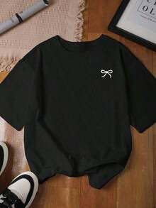 Blusa casual de talla grande para mujer, de cuello redondo, manga corta, longitud regular, de tela de punto con estampado de lazo, hombros caídos y semi transparentenacional envio mujer,blusas para mujer>manga largo - Negro - Ver 1